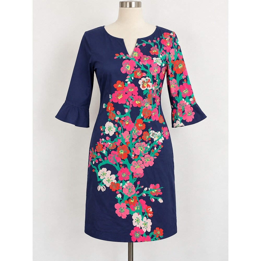 Lilly Pulitzer Navy Blue Pink Floral Ruffle Sleeve Cotton Shift Dress Size 2